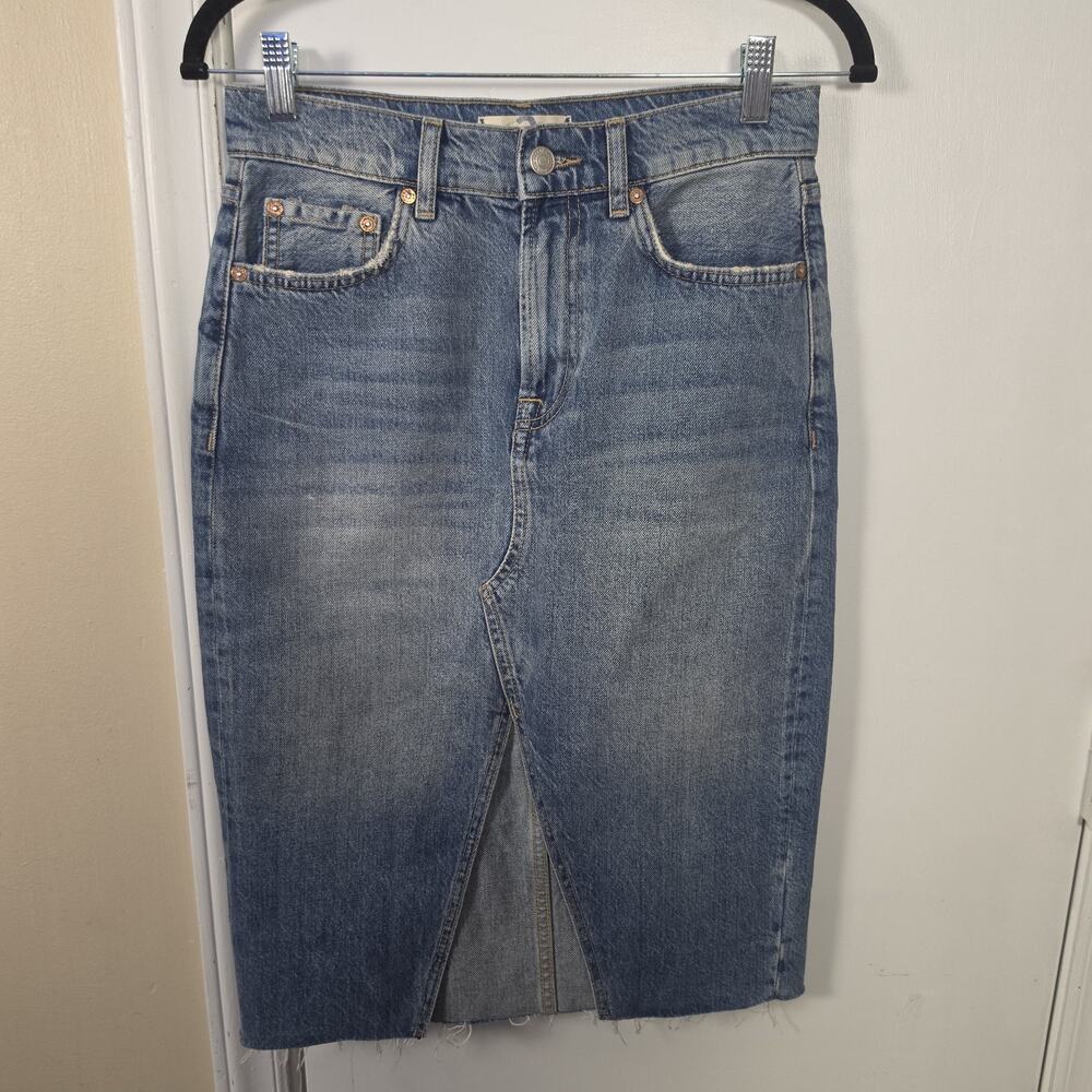 We the Free Free People Sz 2 Denim Midi Skirt Blue Front Slit Coastal Cowgirl